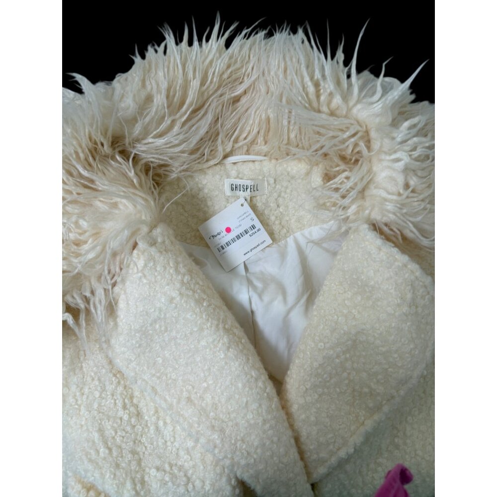 NWT Ghospell Cream Tape Bouclé Teddy Coat With Faux Fur Collar & Belted Waist Sz - Picture 8 of 13